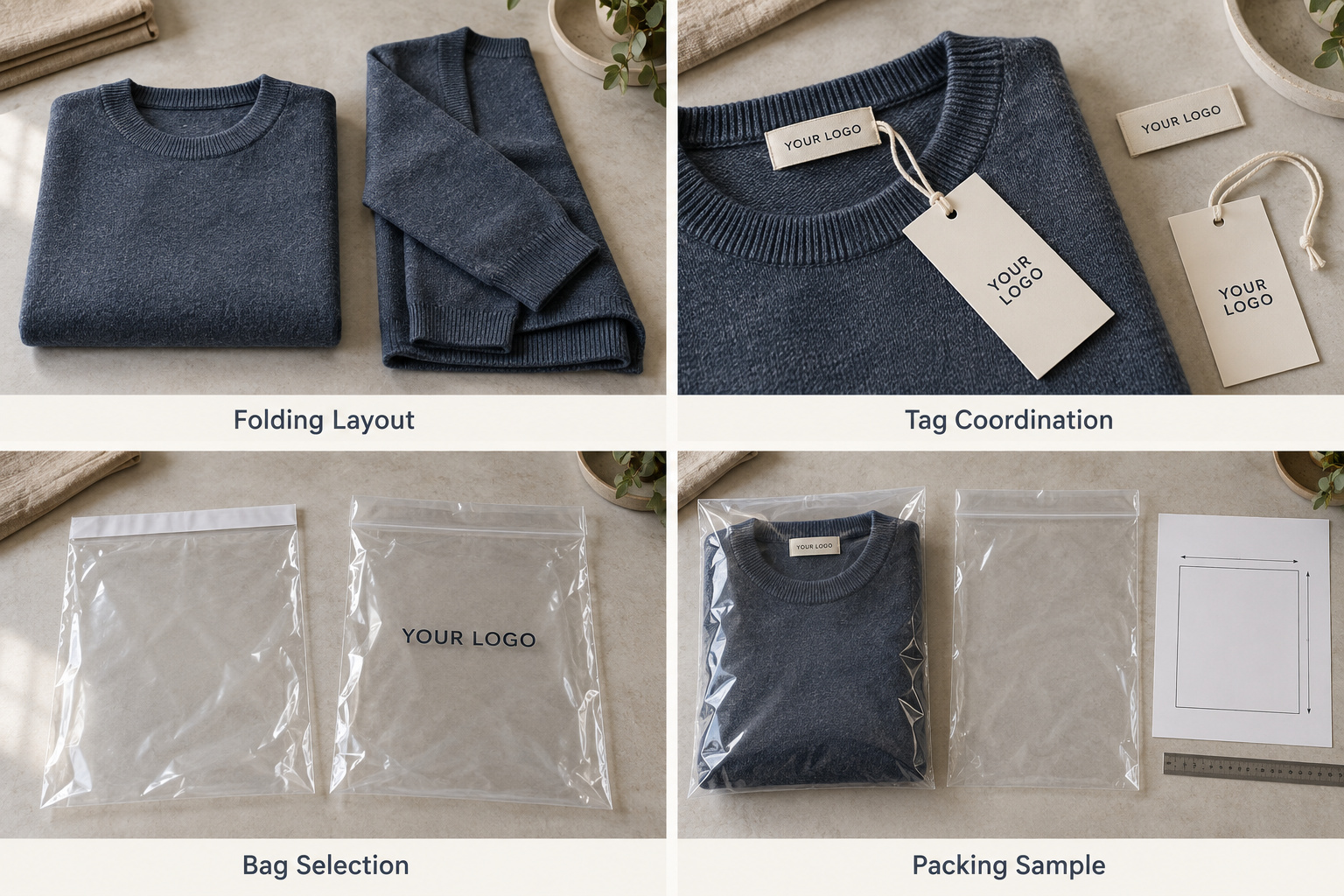 Blue sweater folding, hangtags, polybag options and packing sample.