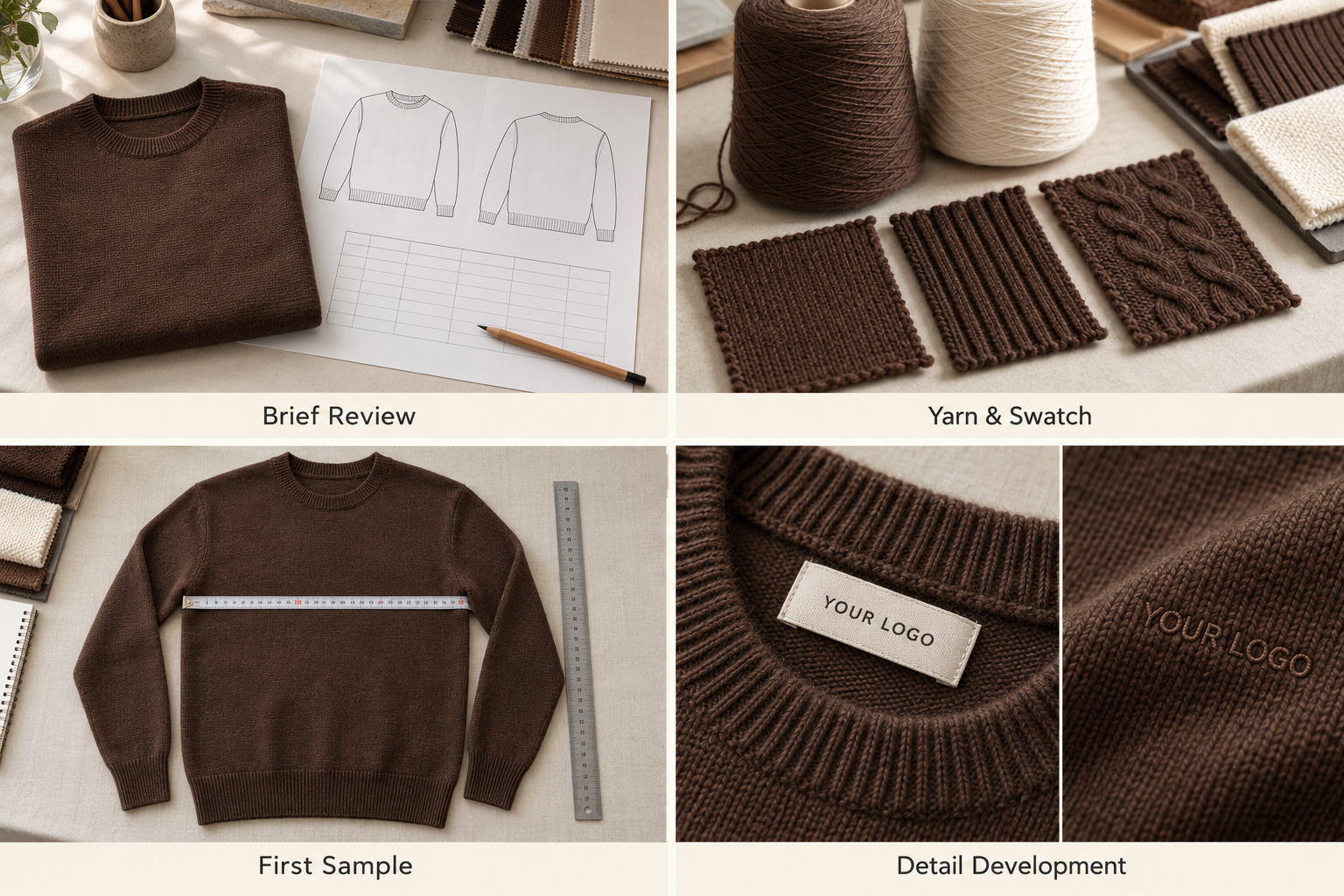 Brown sweater sample development with yarn swatches, measurements and branding.