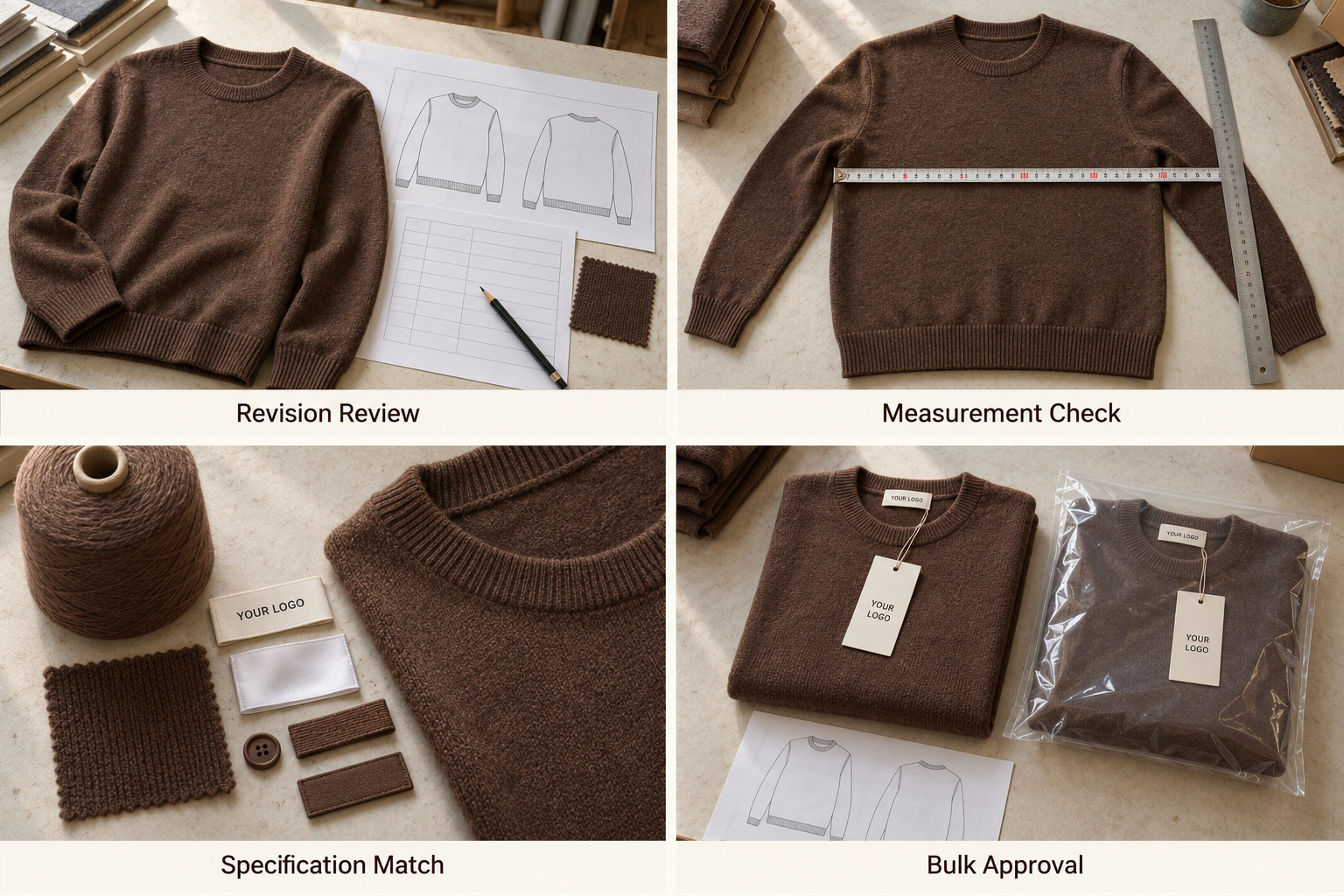 Brown sweater sample revisions, measurements, material matching and packaging review.