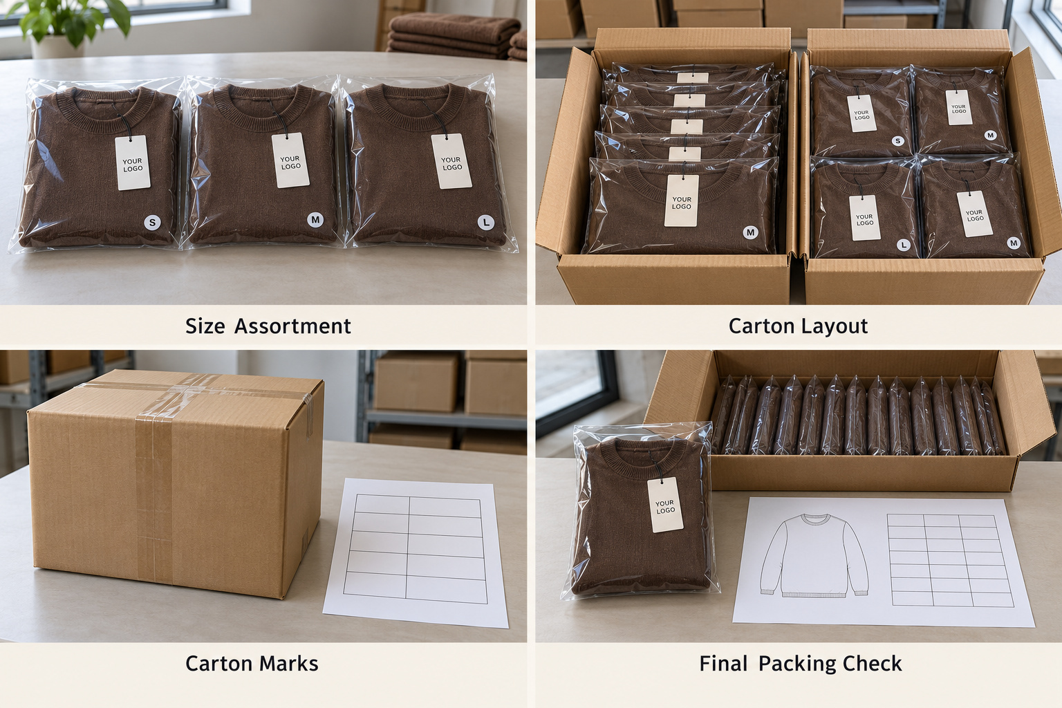 Brown sweater size assortments, carton layouts and packing checks.