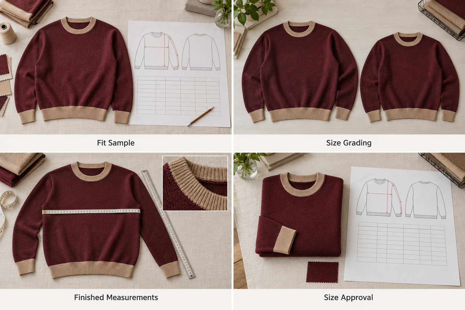 Burgundy sweater fit samples, size grading and measurement checks.