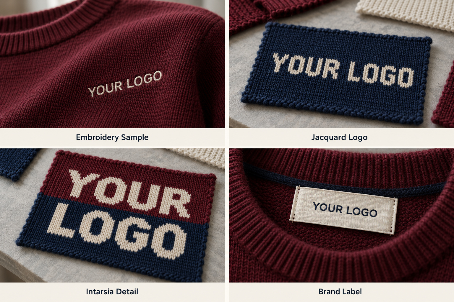 Burgundy sweater with embroidery, jacquard, intarsia and brand labels.