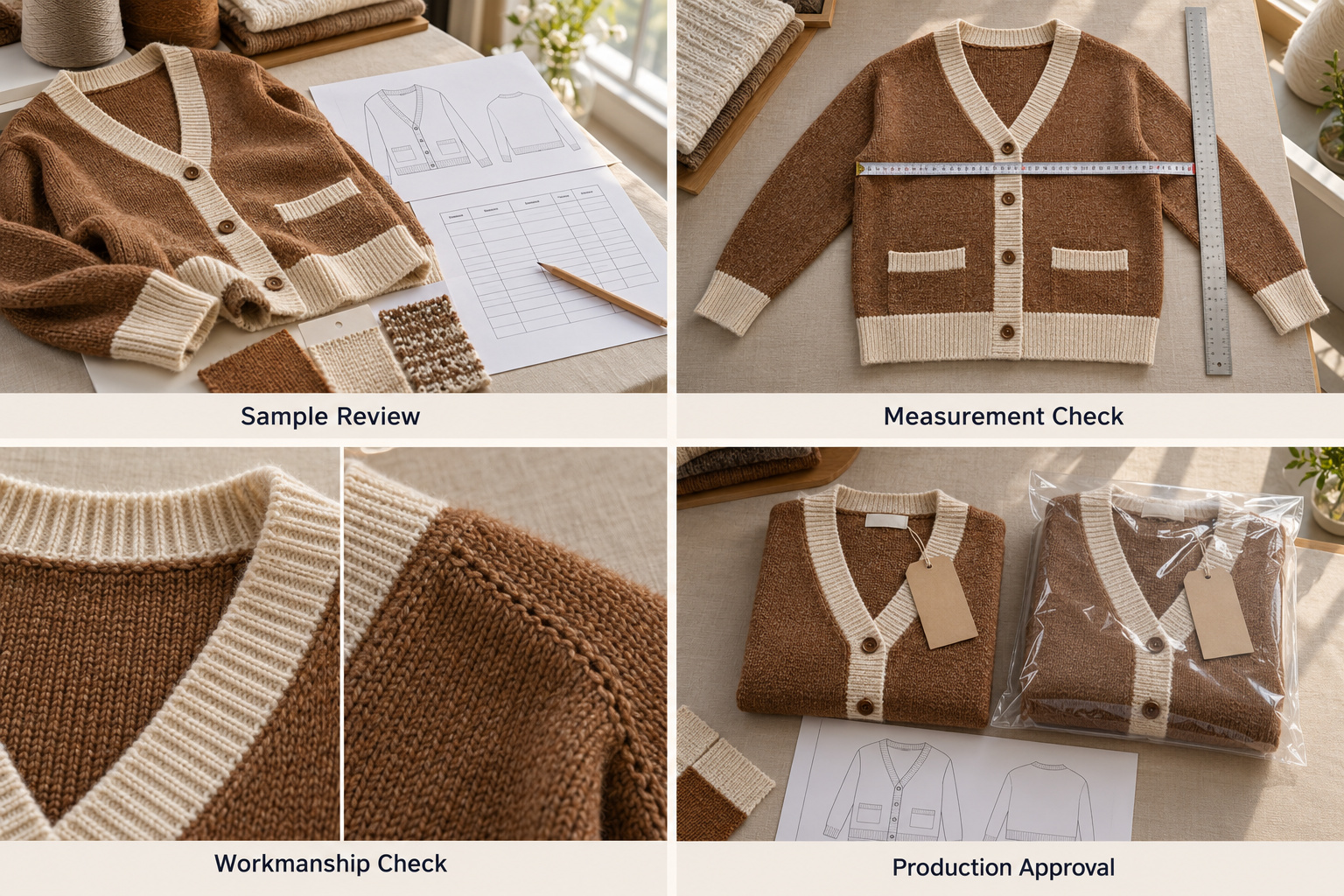 Cardigan sample review, sizing, seam details and packaging confirmation.