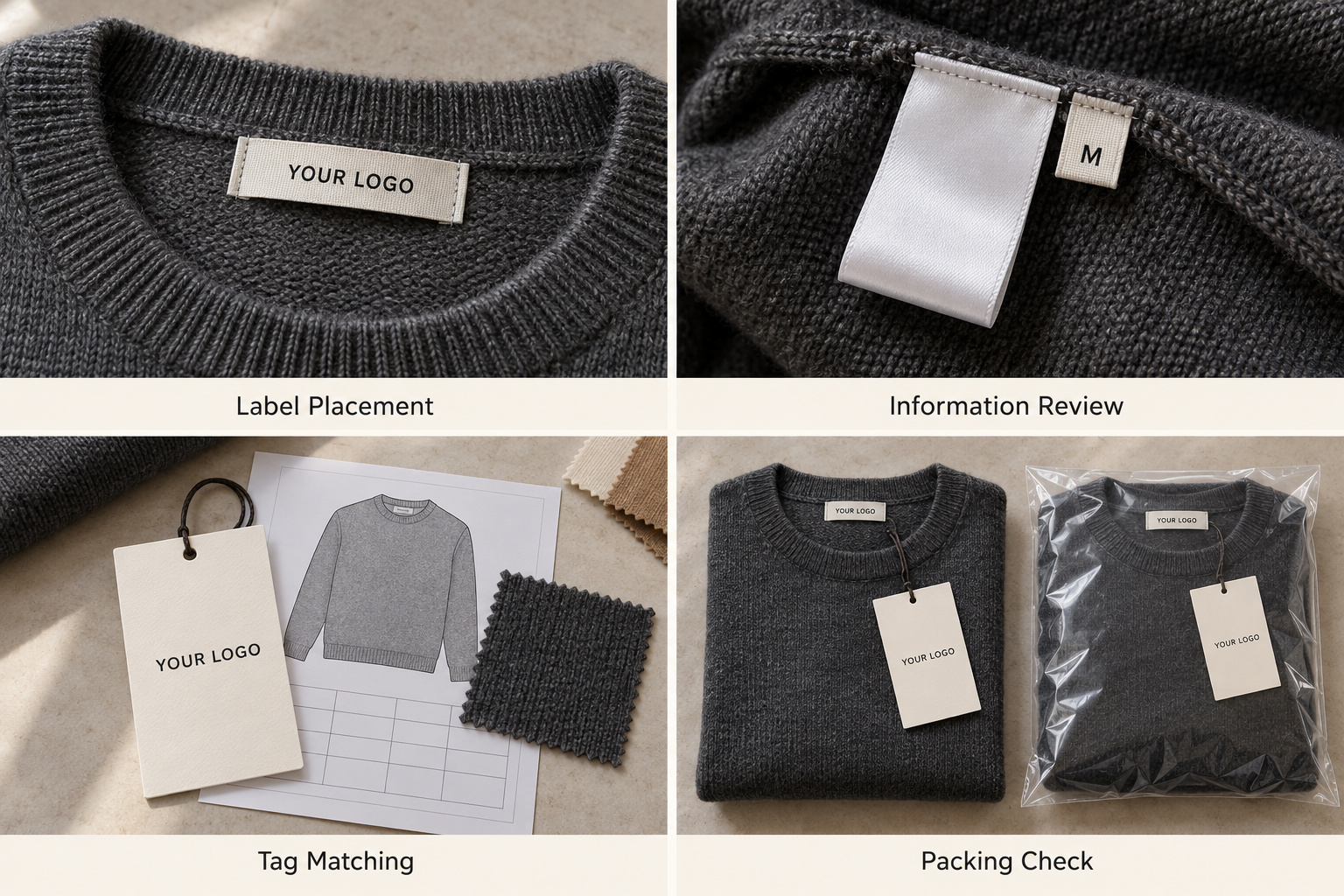 Charcoal sweater labels, hangtags and individual packaging checks.
