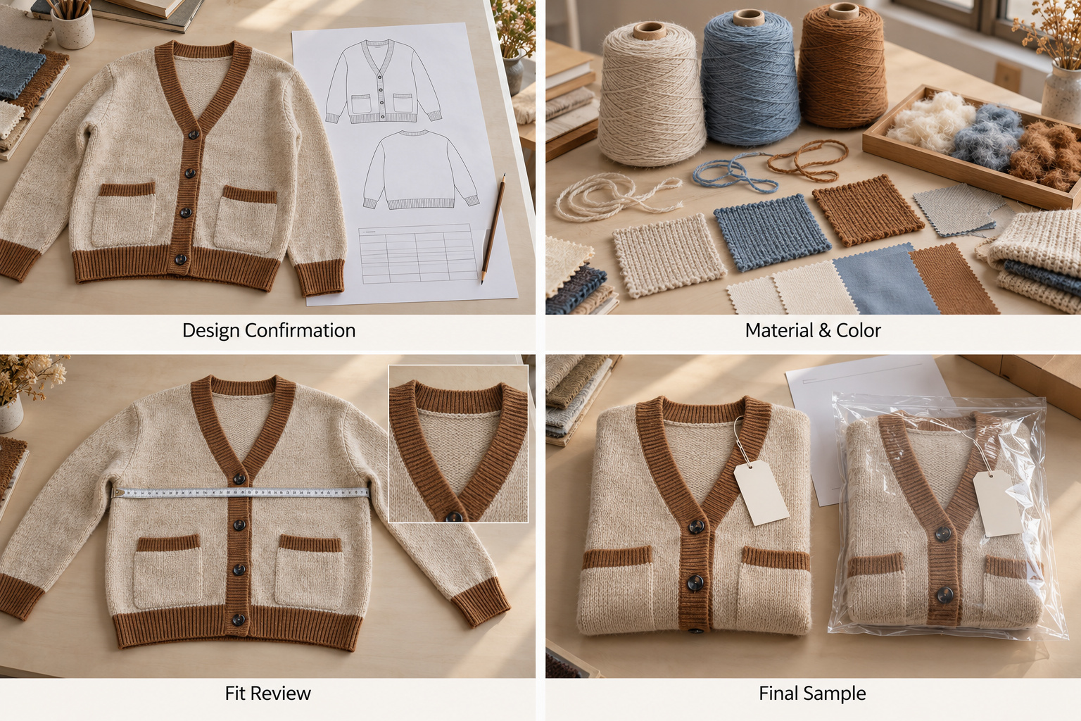 Custom cardigan design, yarn colors, sizing and packaging review.