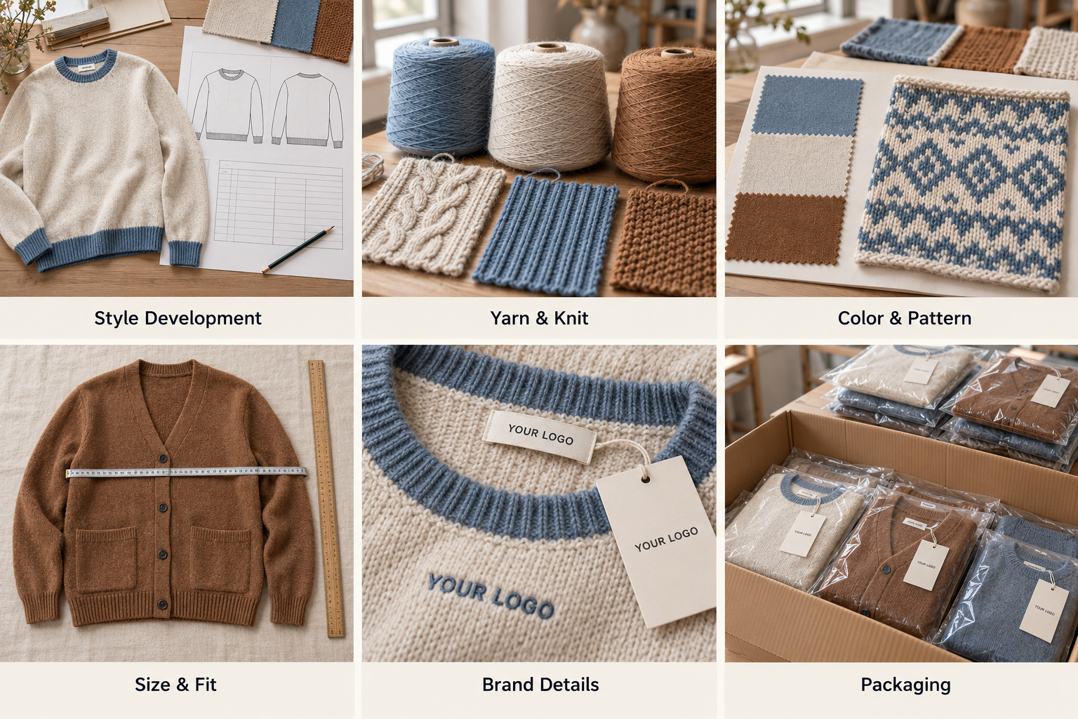 Custom sweater design, yarn, patterns, sizing, branding and packaging.