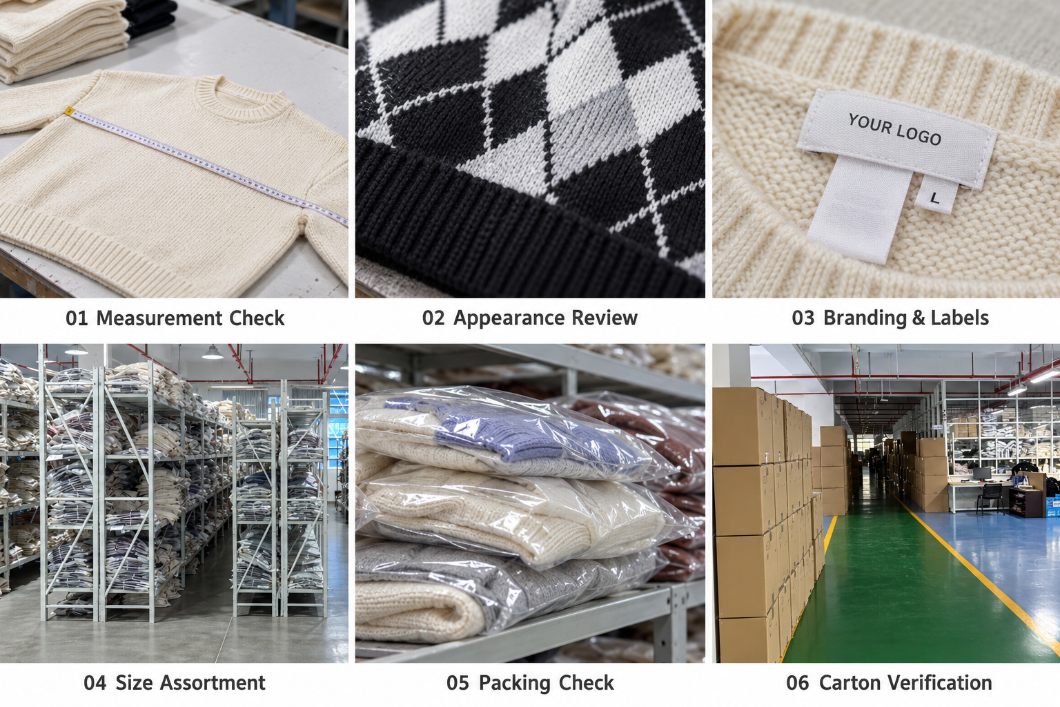 Final sweater inspection covering measurements, appearance, labels and packing.