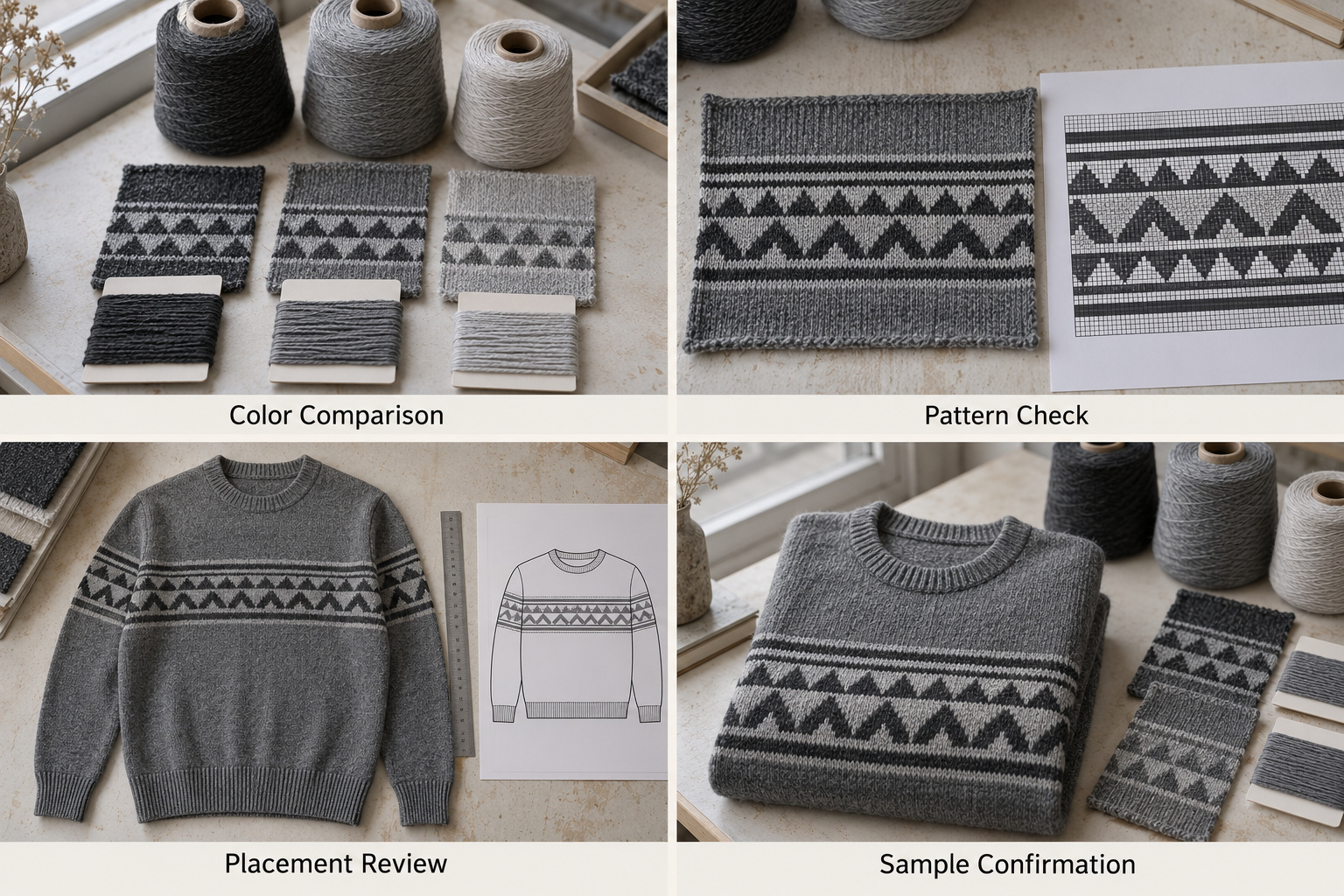 Gray sweater shade comparison, pattern checks and sample confirmation.
