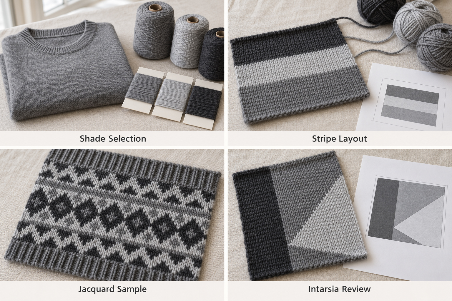 Gray sweater yarn shades, stripes, jacquard and intarsia samples.