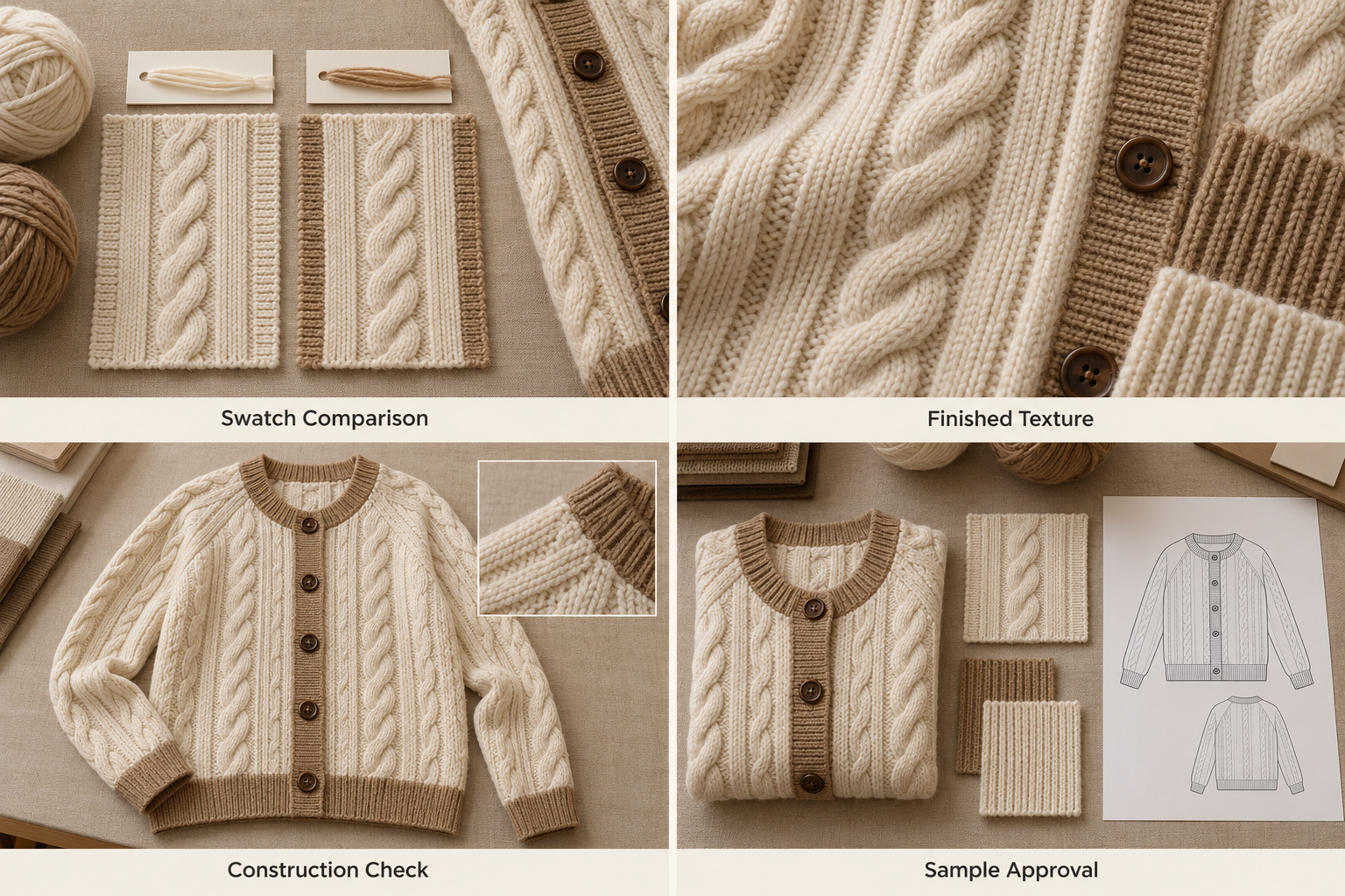 Ivory cardigan with cable swatches, rib textures and construction checks.