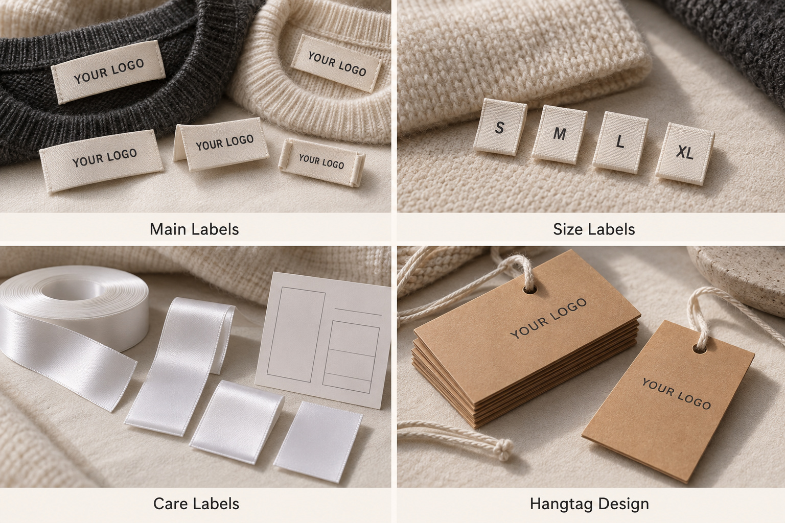 Ivory sweater labels, size tags, satin care labels and kraft hangtags.