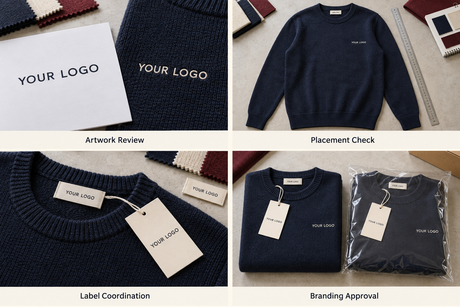 Navy sweater logo artwork, placement, labels and packaging review.