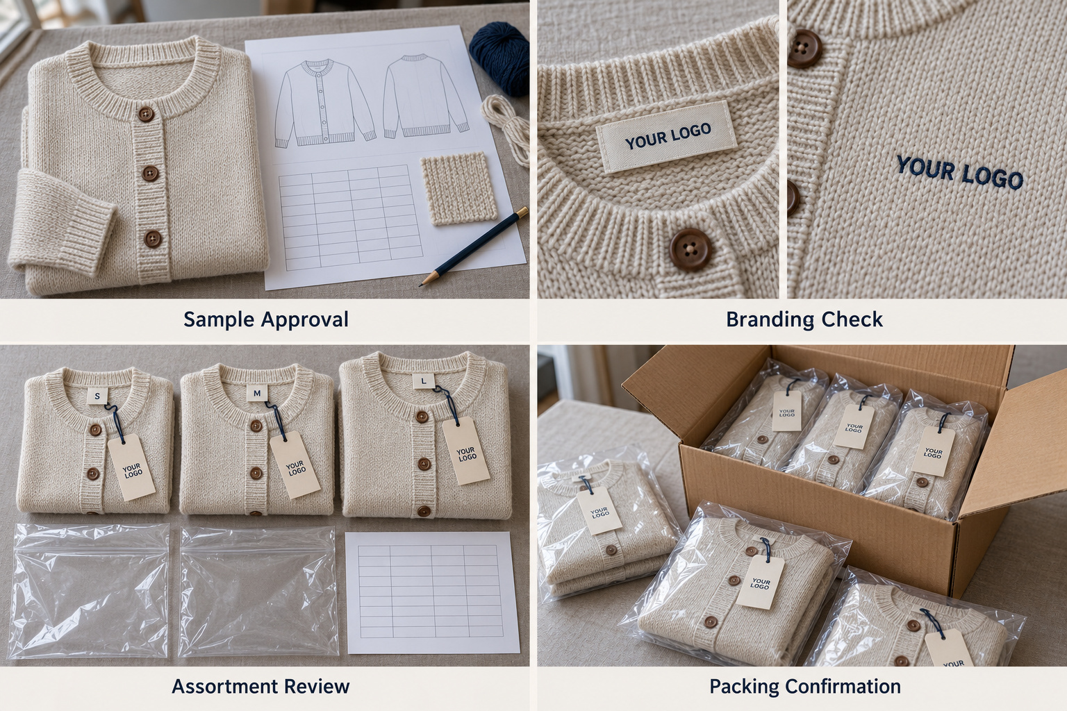 Oatmeal cardigan with brand labels, size assortments and bagged packaging.