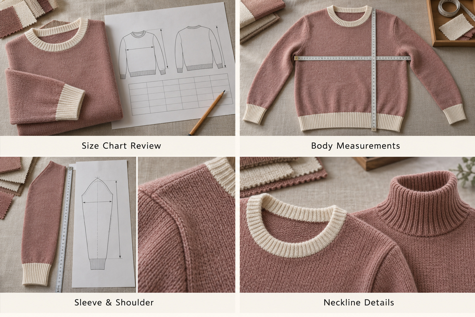 Pink sweater with size drawings, body measurements and rib details.