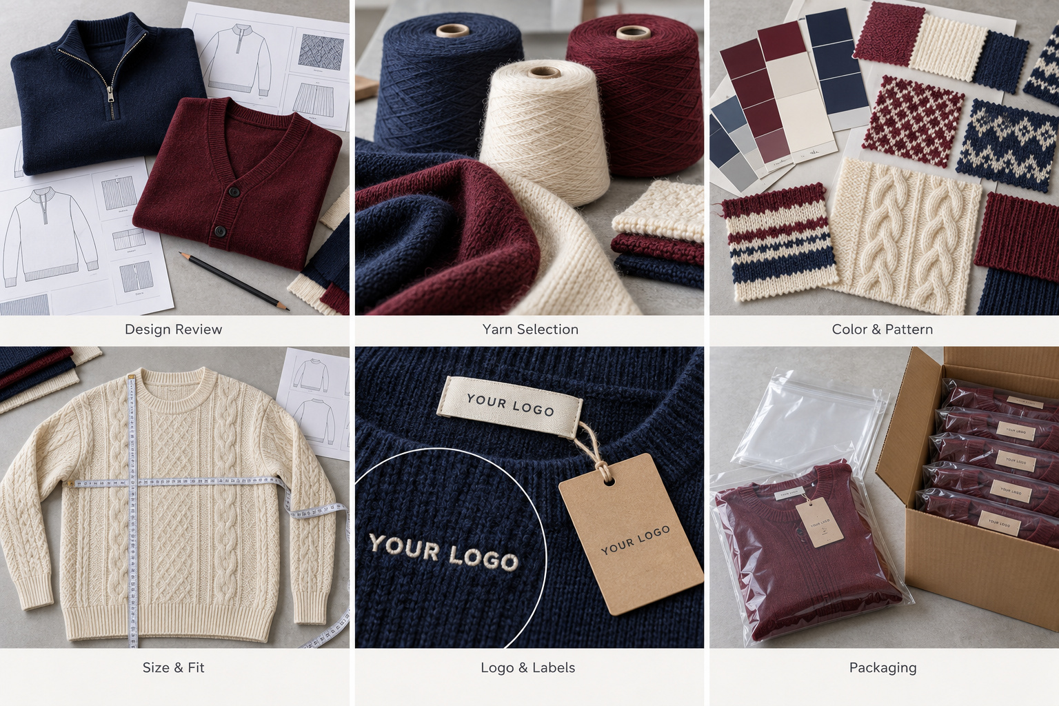 Private label sweater development from design review to packaging.