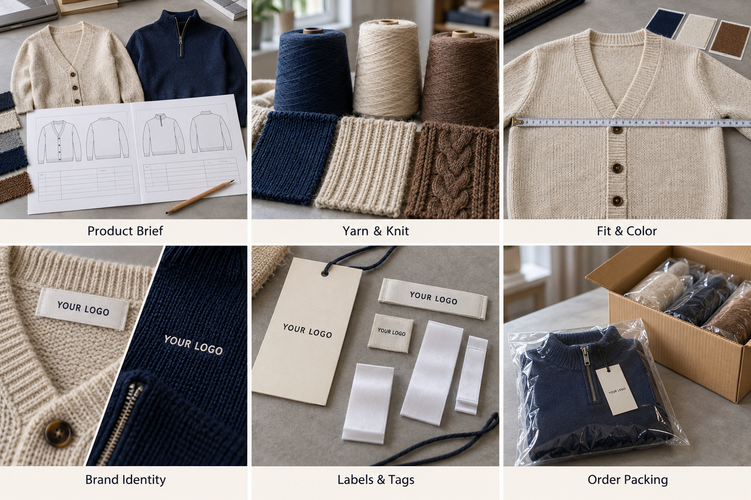 Private label sweater development with yarns, branding, labels and packaging.