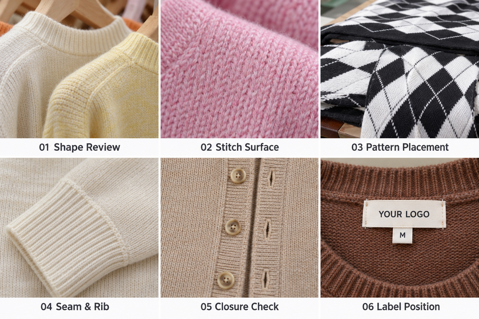 Sweater appearance checks for knit surfaces, patterns, ribs, buttons and labels.