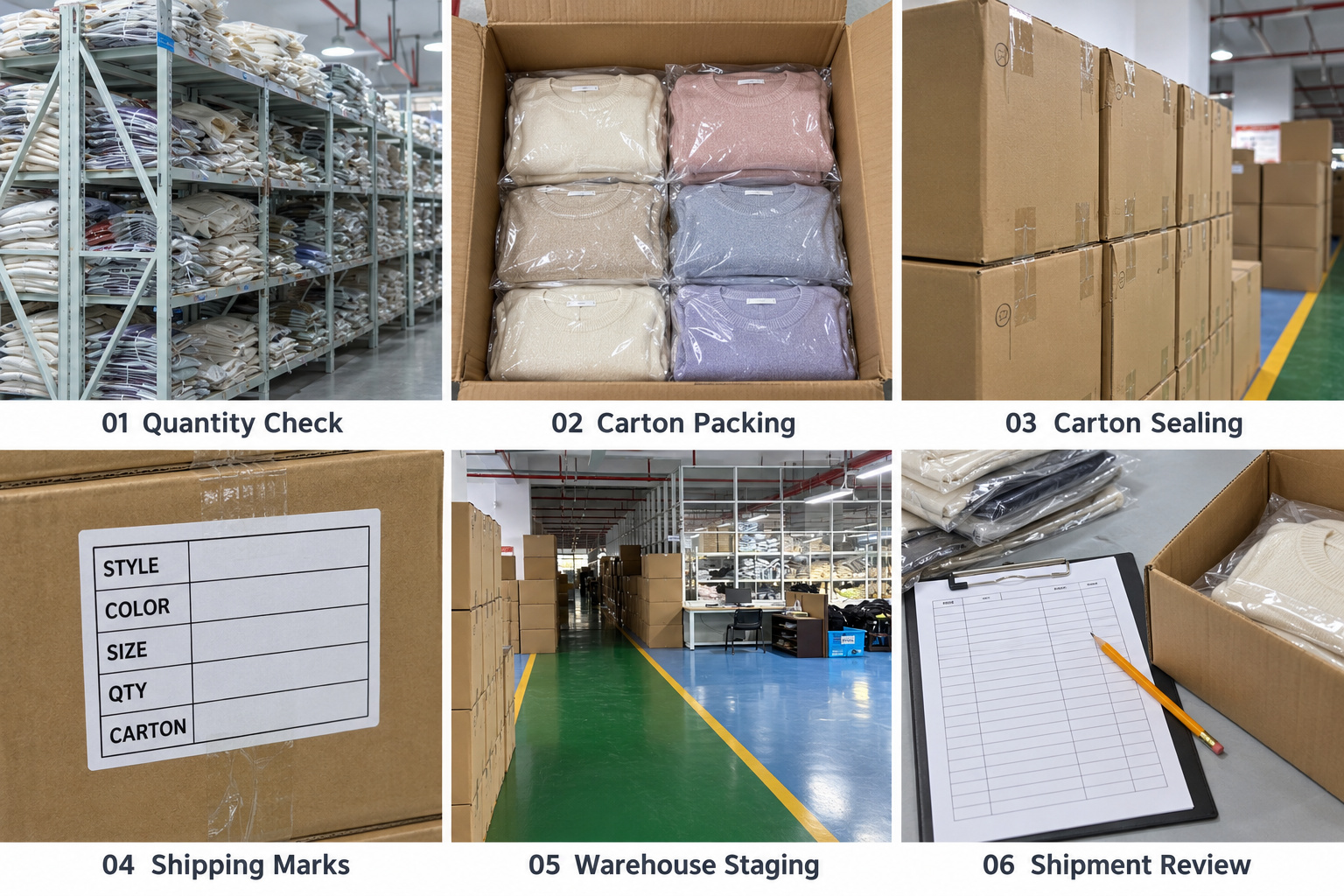 Sweater carton packing, shipping marks and export shipment preparation.
