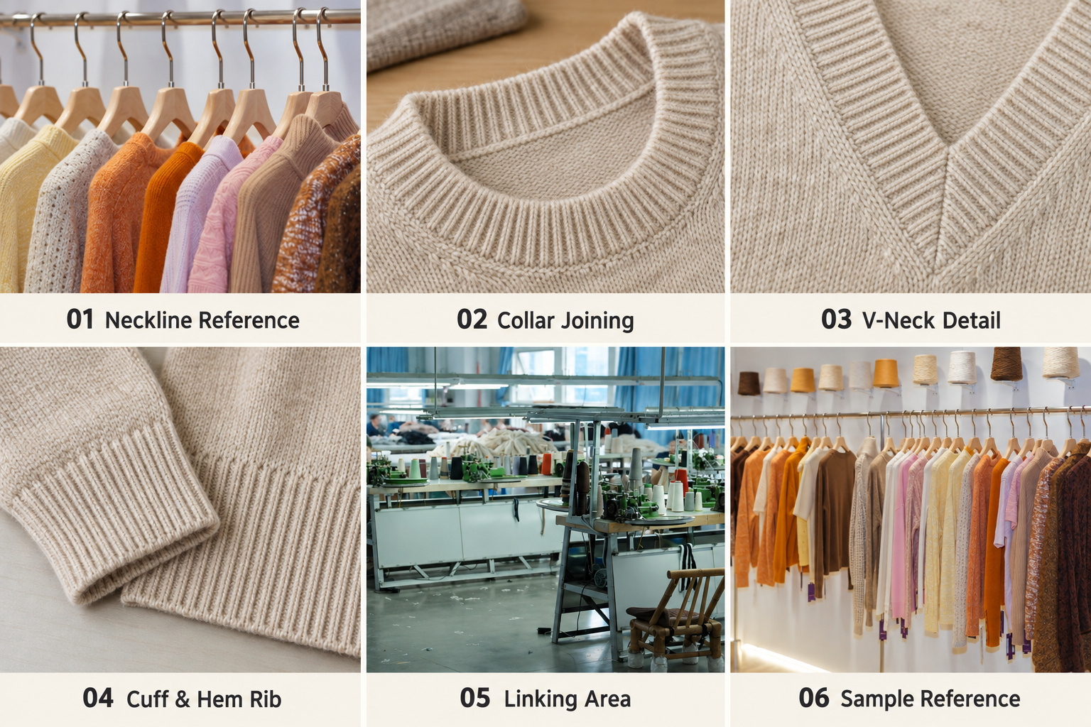 Sweater collar joins, V-neck details, ribbed cuffs and hems, and linking area.