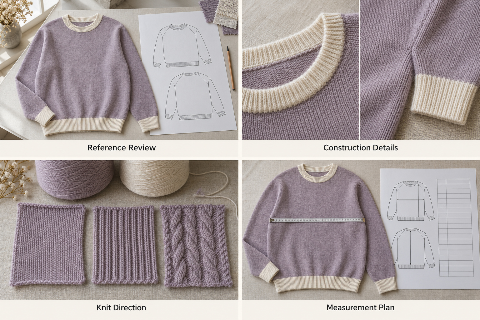 Sweater design references, construction details, knit swatches and measurements.