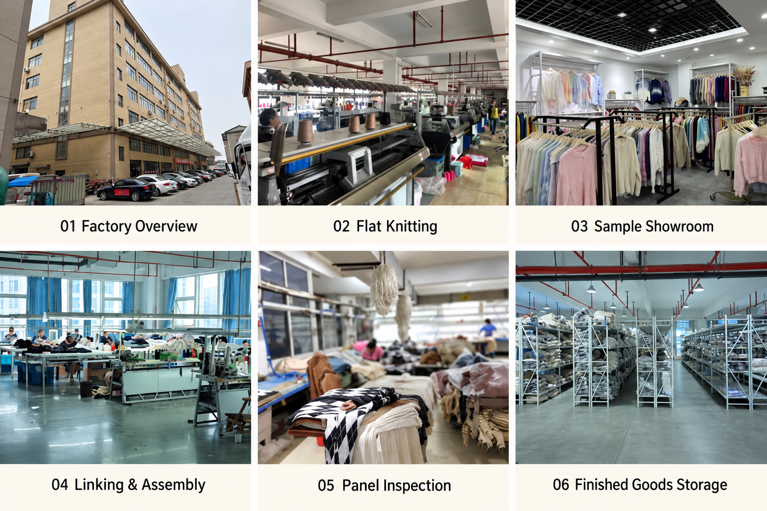 Sweater factory, knitting workshop, sample showroom, assembly, inspection and storage.