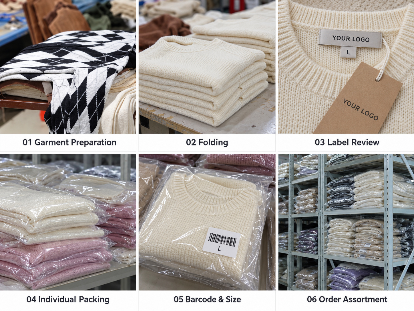 Sweater folding, label checks, individual packing and size assortment.