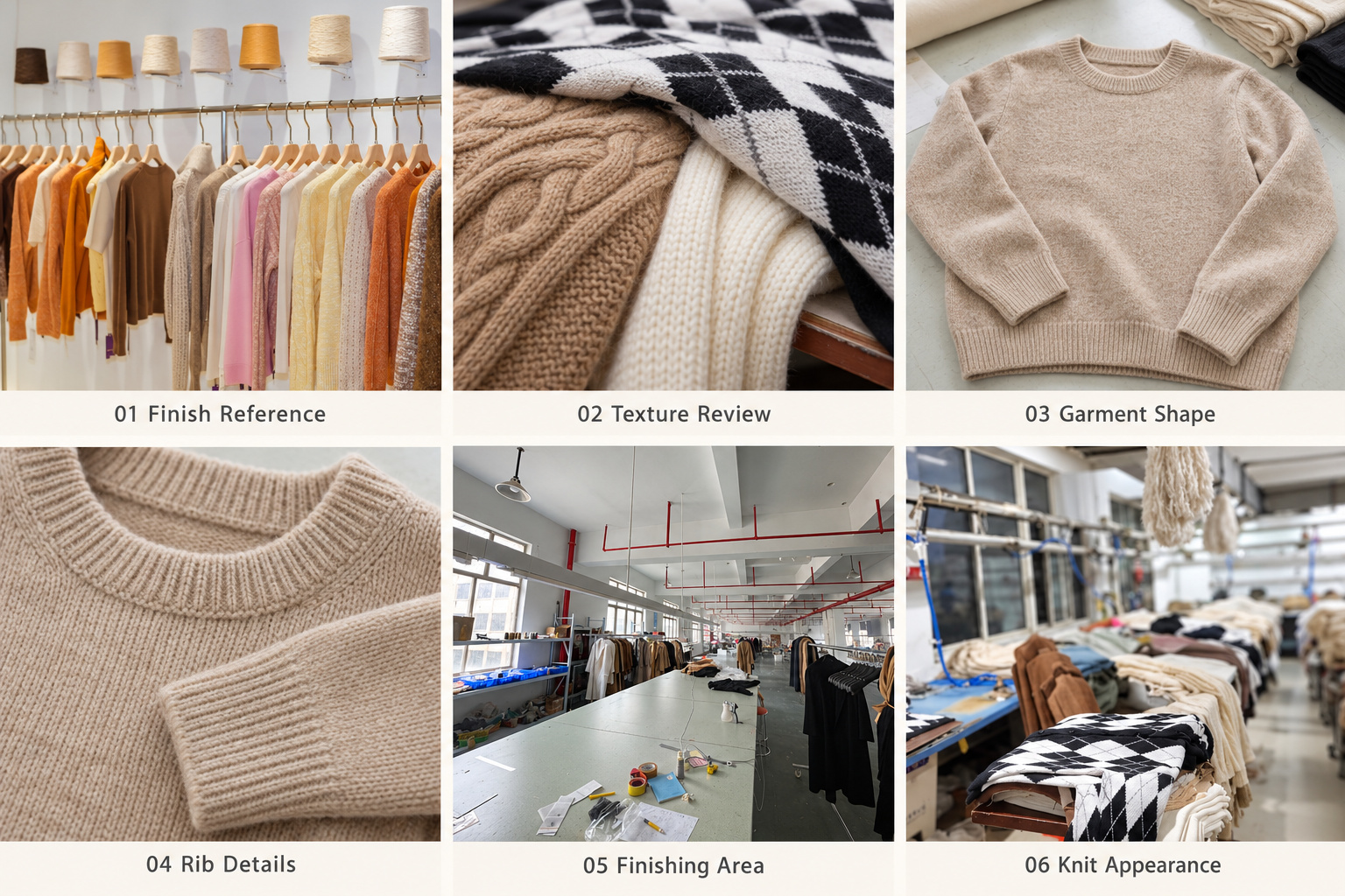Sweater knit textures, garment shape, rib details and finishing area.