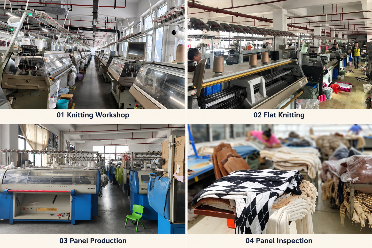 Sweater knitting workshop, flat knitting machines and panel inspection.