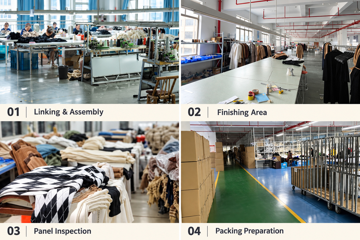 Sweater linking, finishing area, panel inspection and packing preparation.
