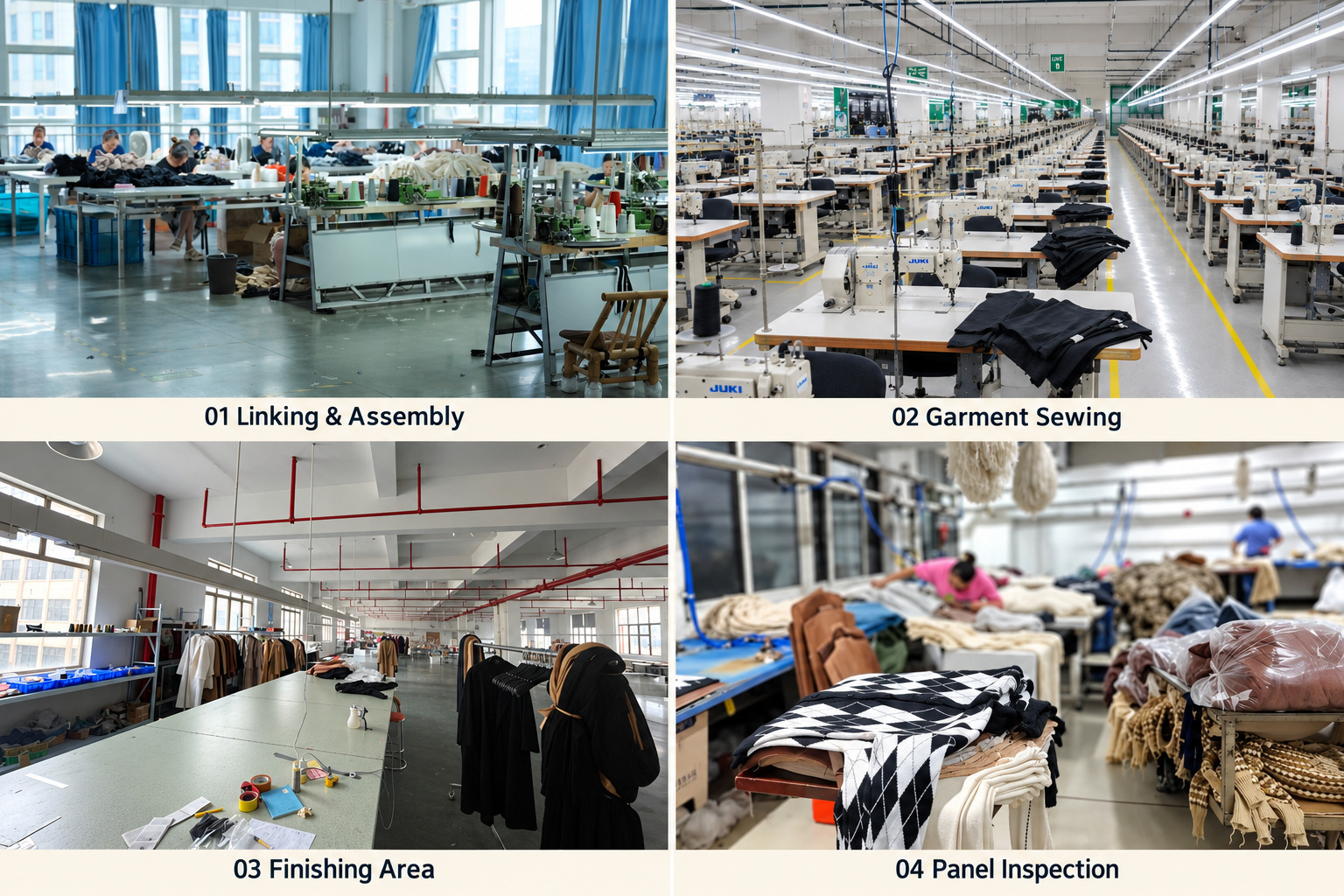Sweater linking, garment sewing, finishing and panel inspection.