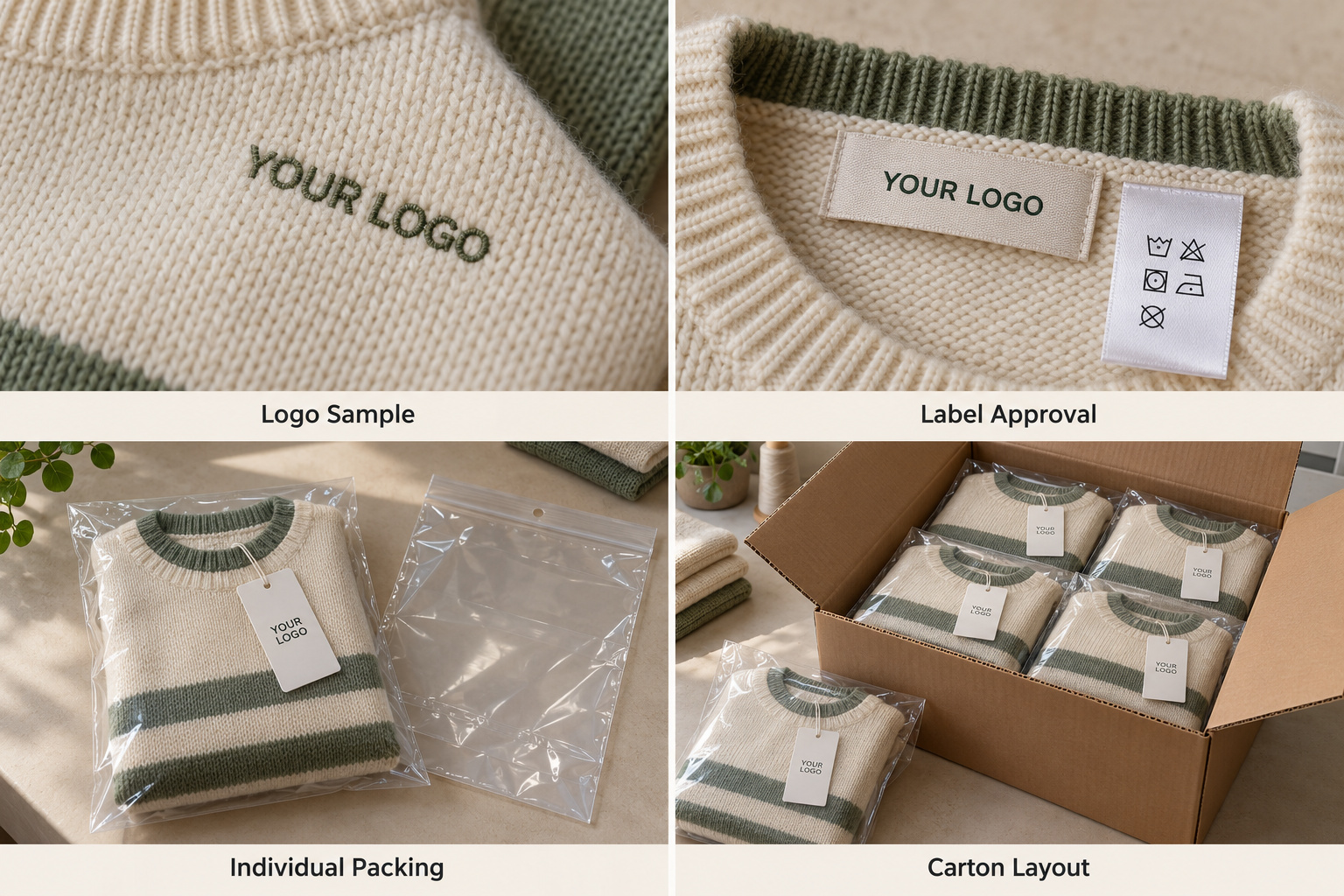 Sweater logo samples, care labels, bagging and carton packing.