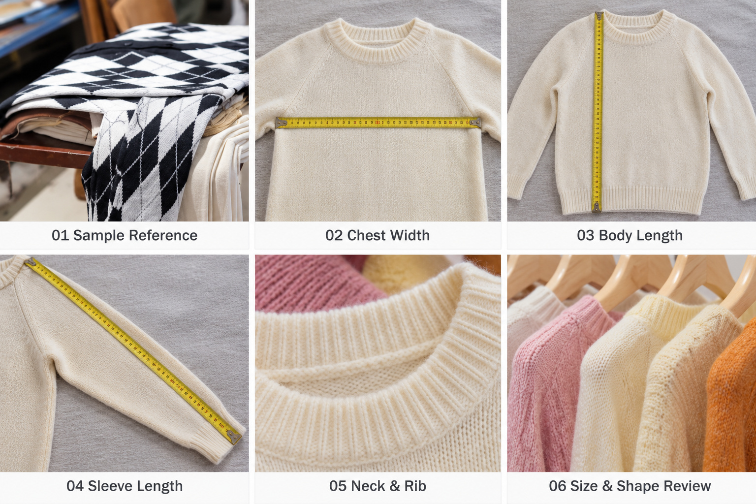 Sweater measurement and appearance checks for chest, length, sleeves and rib details.