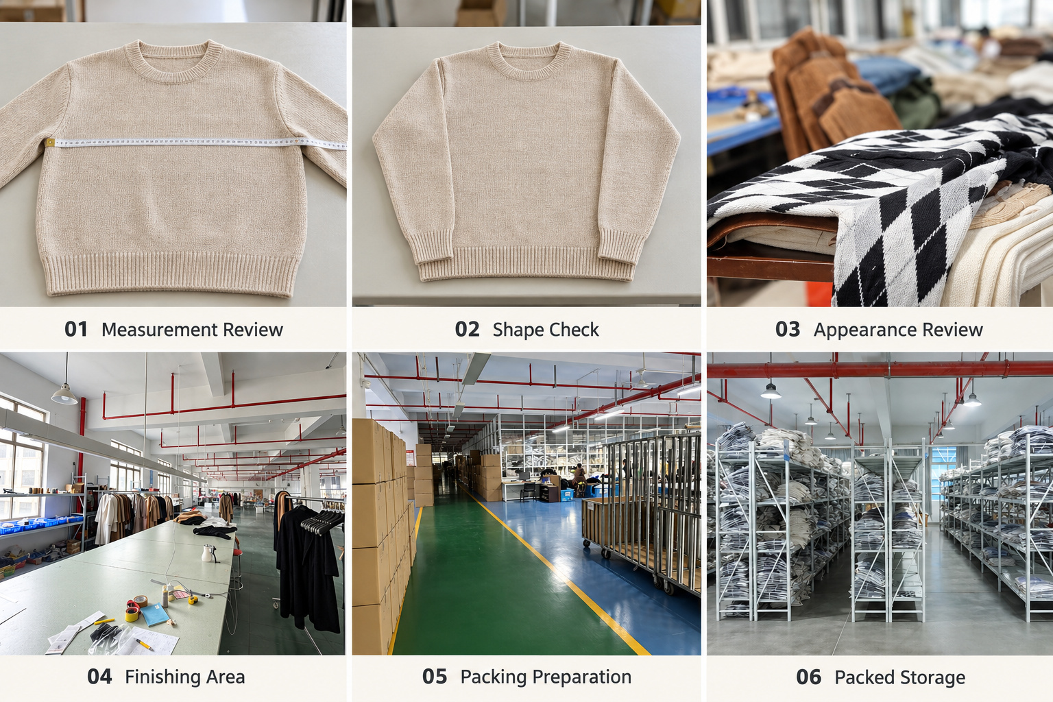 Sweater measurement, shape and appearance checks, finishing area, packing and storage.
