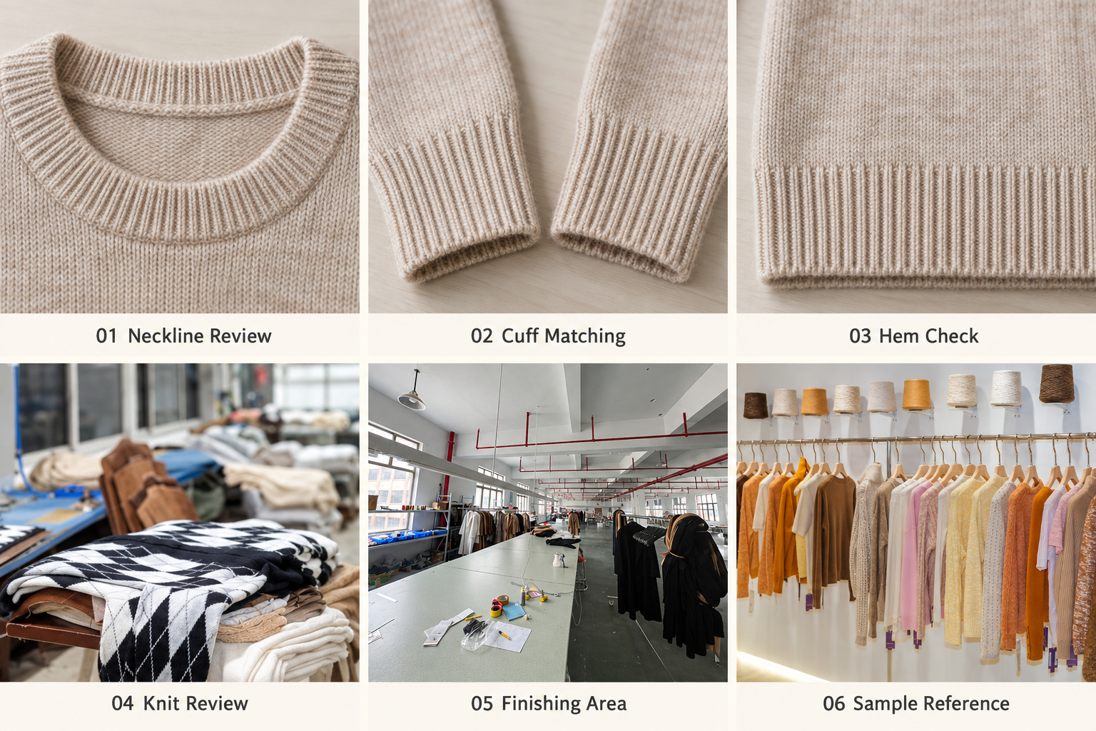 Sweater neckline, matching cuffs, ribbed hem, finishing area and sample references.