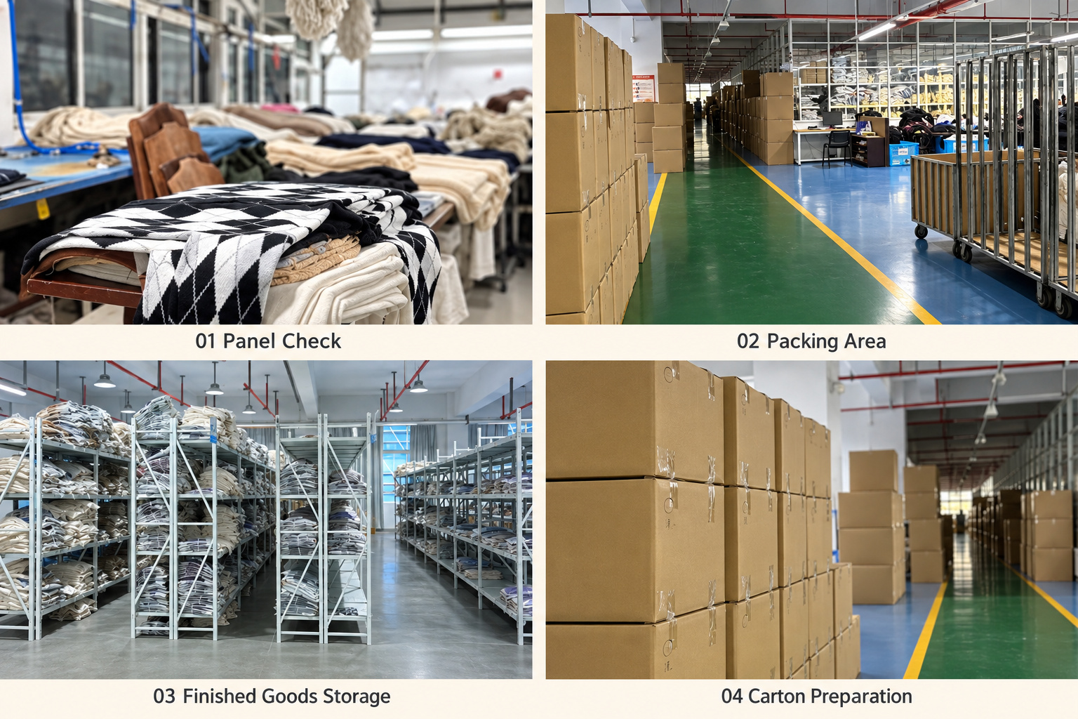 Sweater panel checks, packing area, finished goods storage and carton preparation.