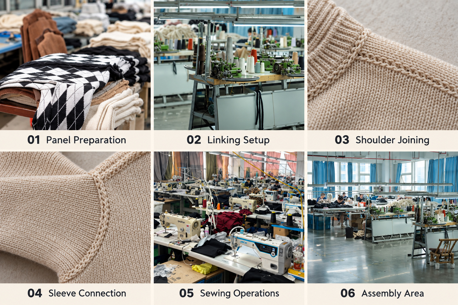 Sweater panels, linking equipment, shoulder seams, sleeve connections and sewing workshop.