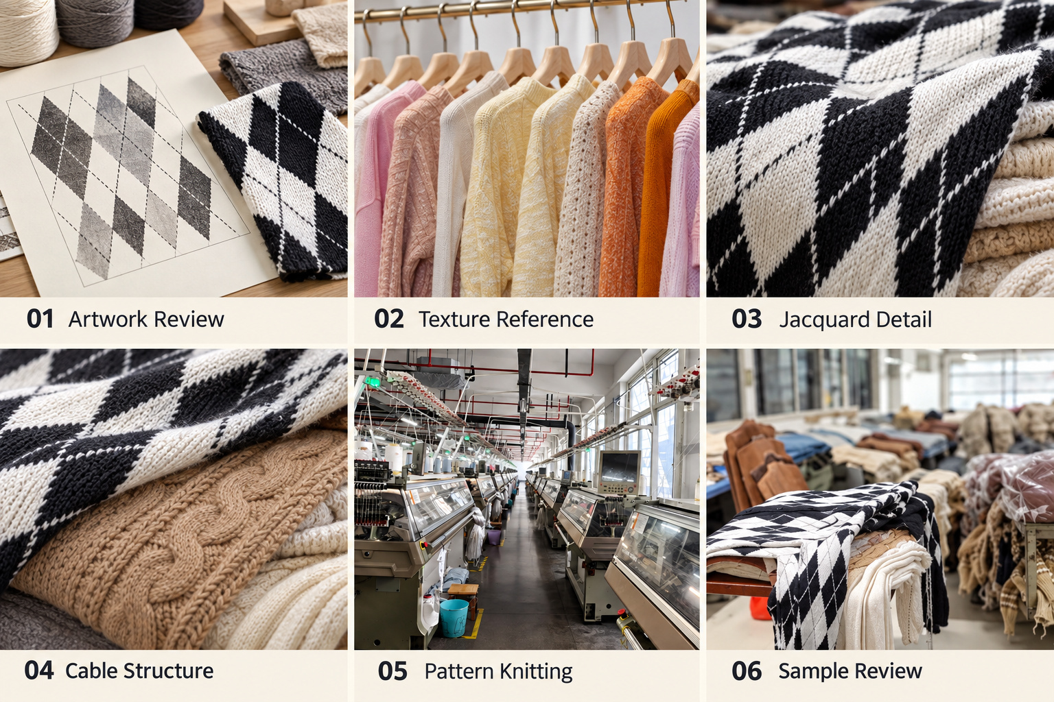 Sweater pattern artwork, knit textures, jacquard details, cable structure and flat knitting.