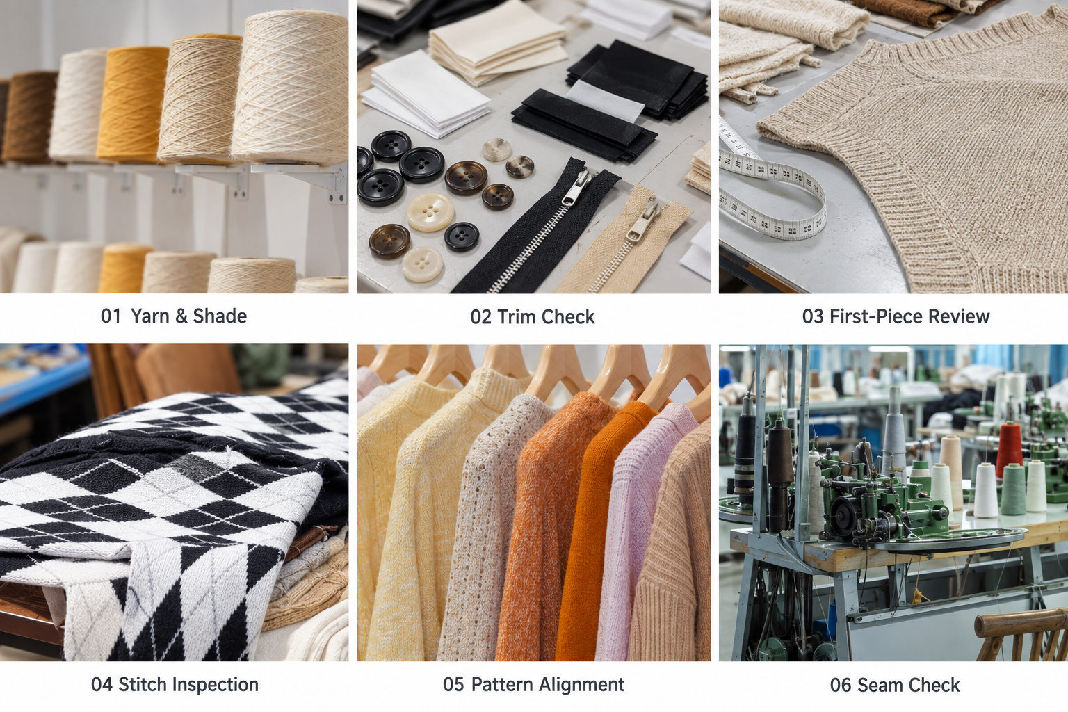 Sweater quality checks for yarn, trims, knitted panels, patterns and seams.