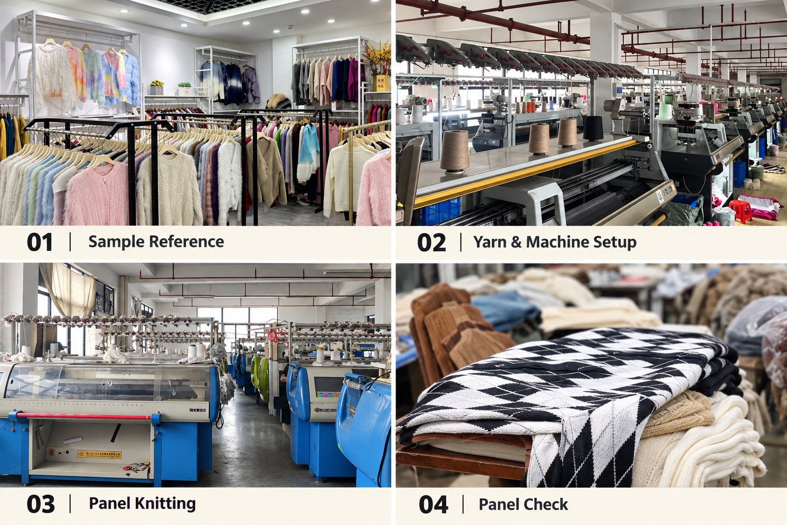 Sweater samples, yarn setup, flat knitting machines and panel checks.