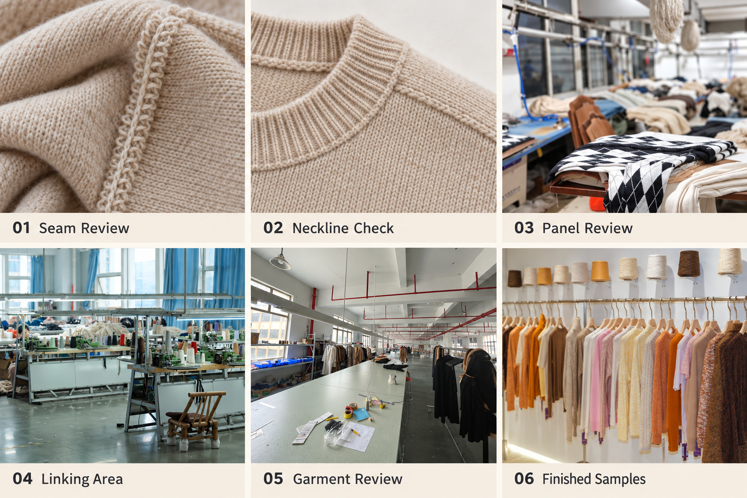 Sweater seams, neckline joins, knit panels, linking area and finished samples.