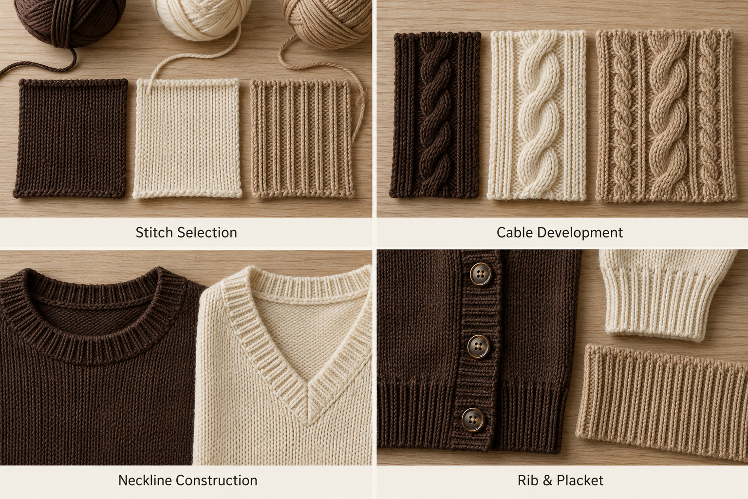 Sweater stitch swatches, cables, necklines, rib trims and plackets.