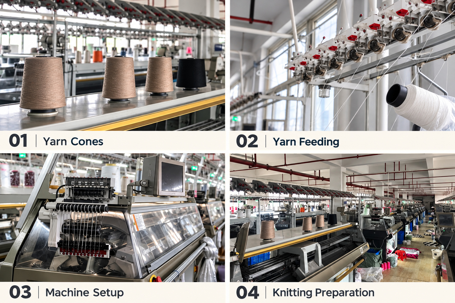 Sweater yarn cones, yarn feeding and flat knitting machine preparation.