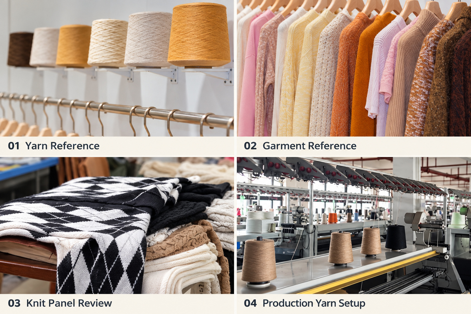 Sweater yarn references, garment samples, knit panels and production yarn setup.