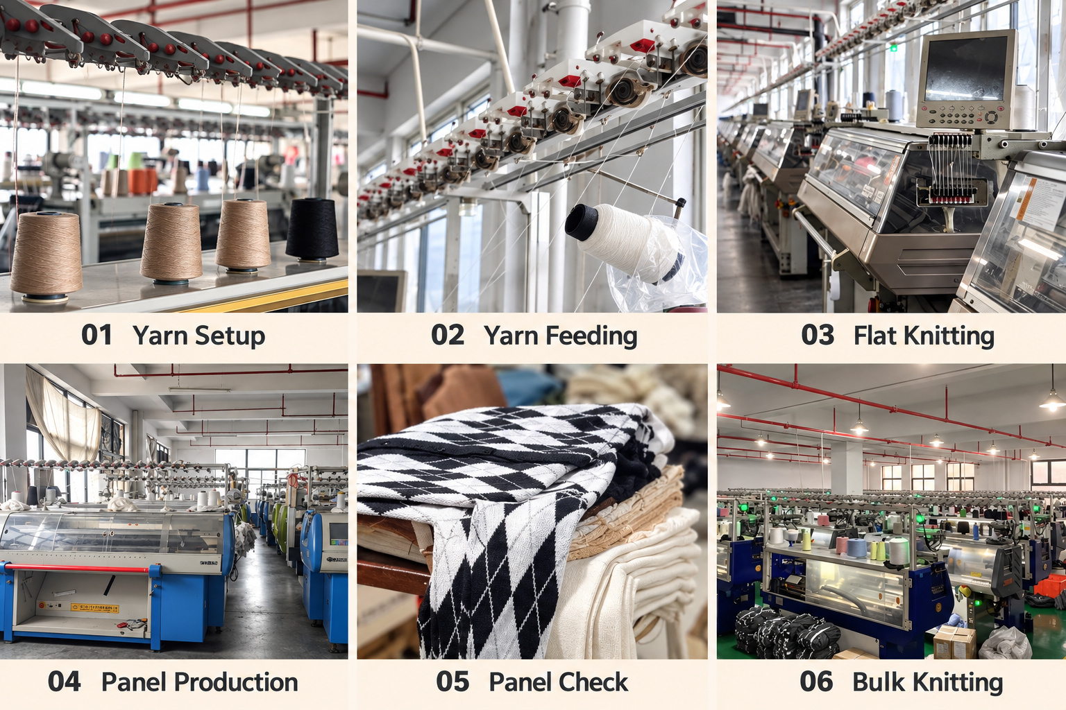 Sweater yarn setup, yarn feeding, flat knitting, panel production and checks.