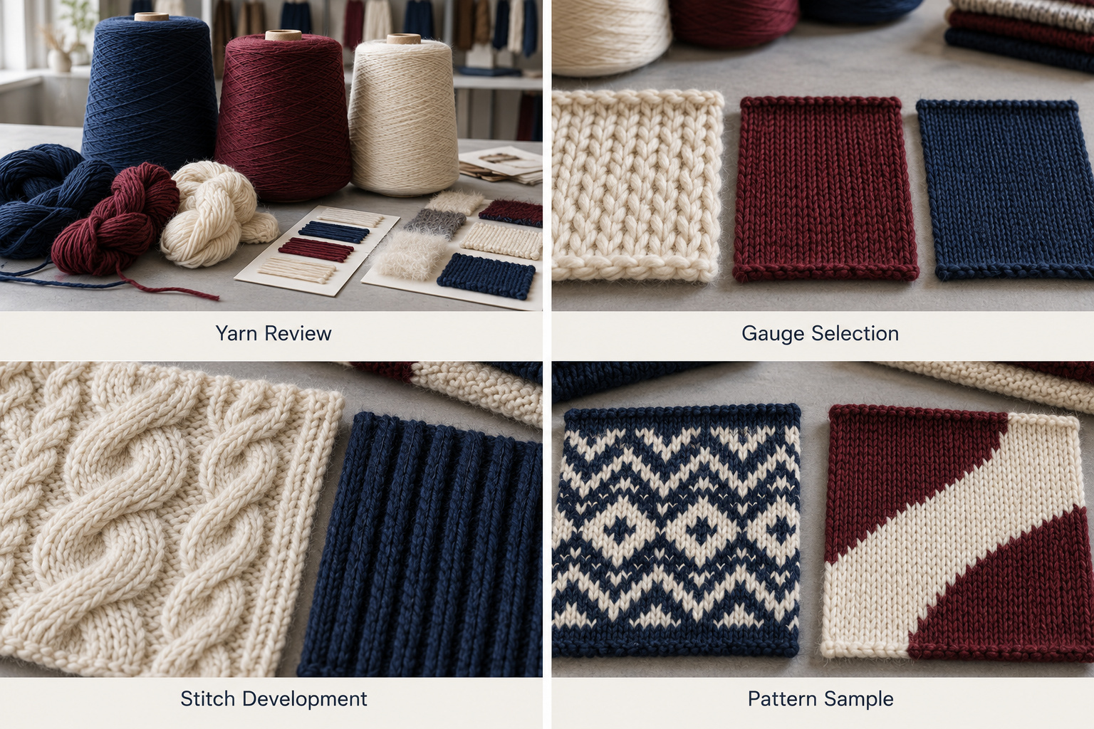 Sweater yarns and knit swatches in navy, burgundy and ivory.