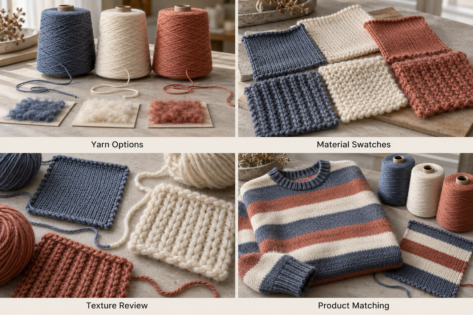 Sweater yarns, material swatches and matching striped knitwear.