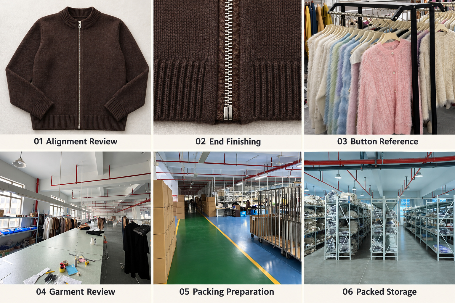 Sweater zipper alignment, end finishing, cardigan buttons, packing and storage.
