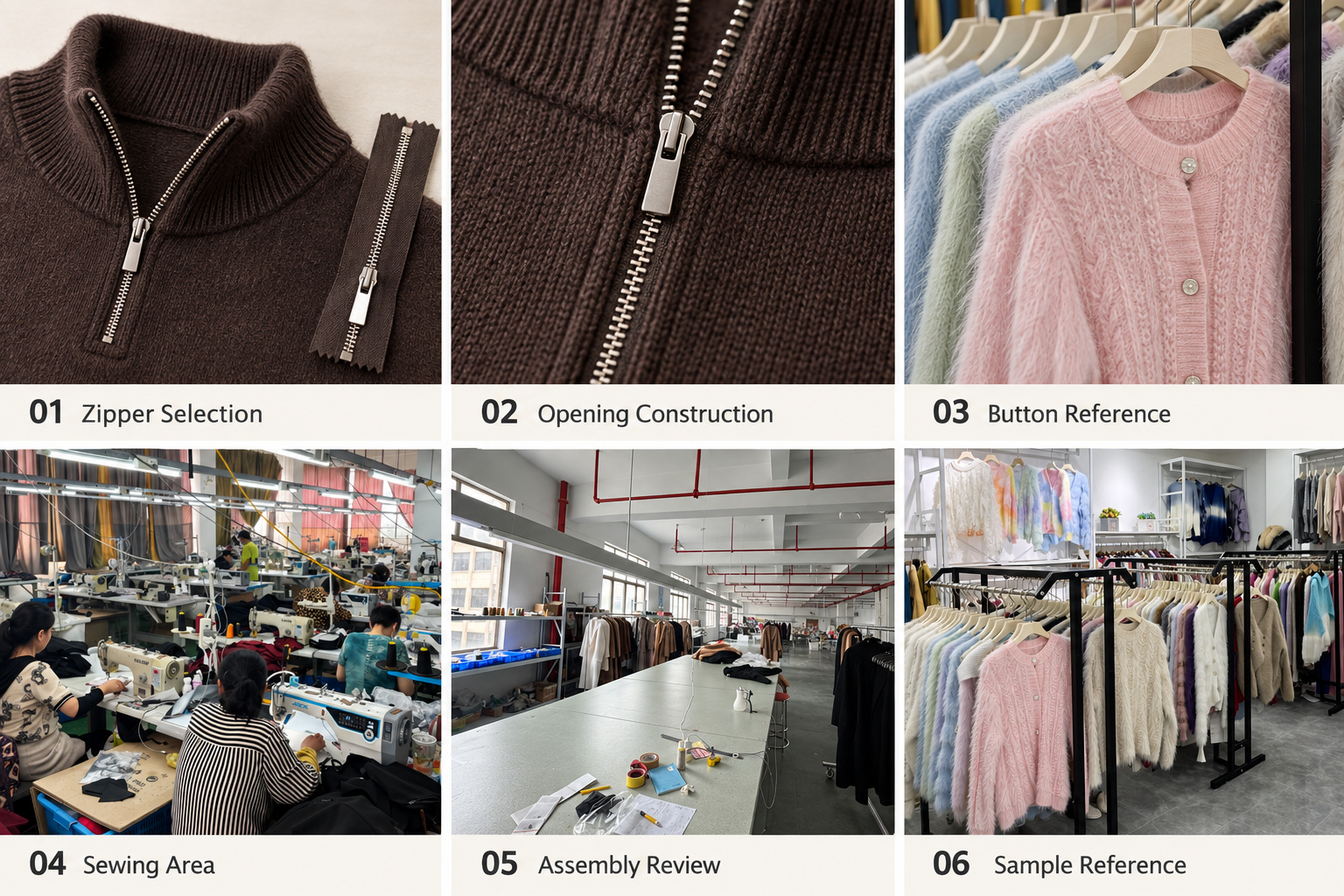 Sweater zipper details, cardigan buttons, sewing area and sample references.