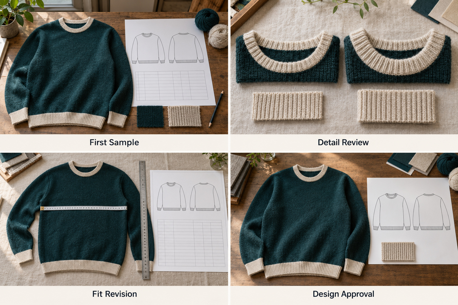Teal sweater sample with neckline comparisons, sizing and updated drawings.