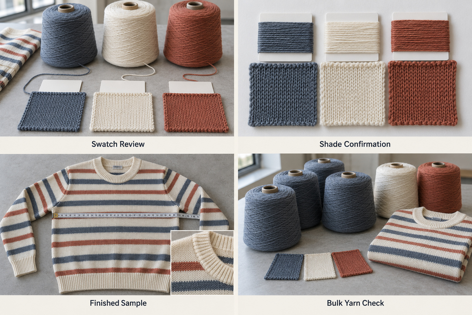 Yarn swatches, shade comparison and finished striped sweater checks.